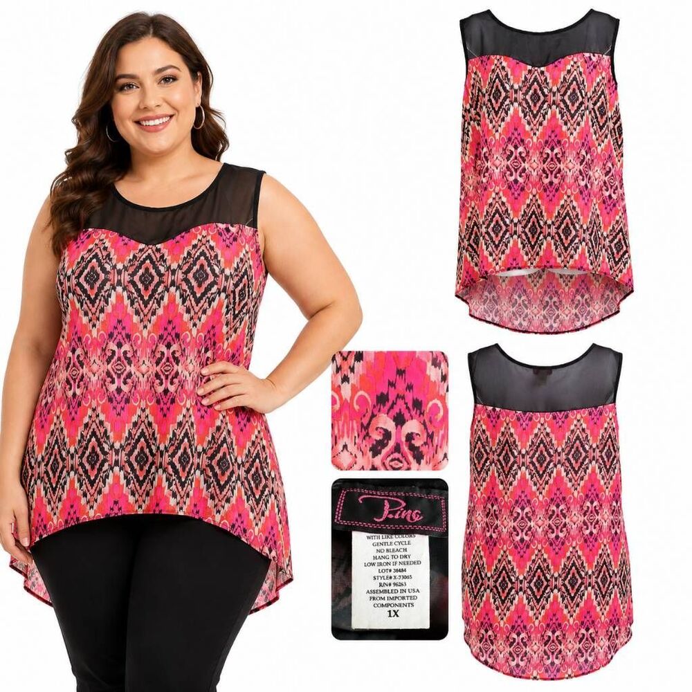 Plus Size Pina Women’s Pink Aztec High-Low Sleeveless Top 1X Sheer Yoke
